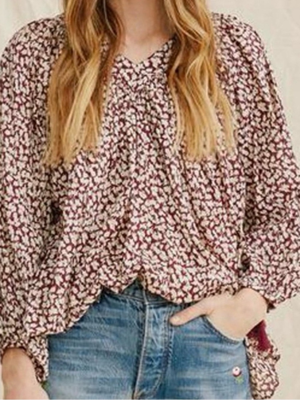 NWT the GREAT artist cotton bohemian floral long sleeve V-neck top size 2 (M)